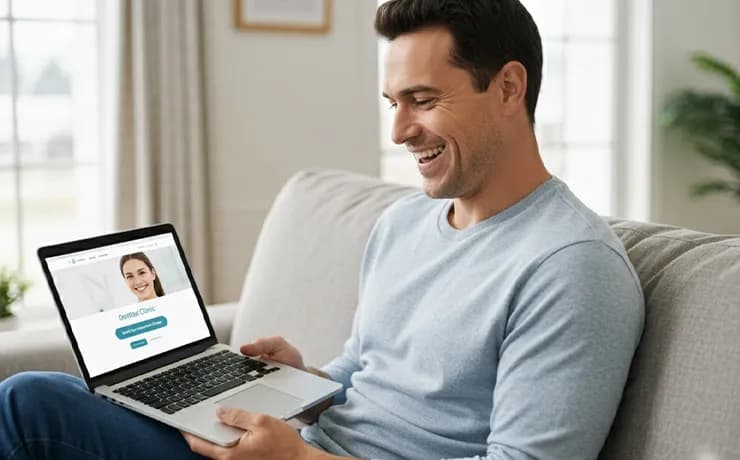 Patient using smartphone to book dental appointment as fast-loading dental website displays speed test results on screen